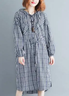 100% Black Plaid Clothes Hooded Drawstring  Spring Dresses