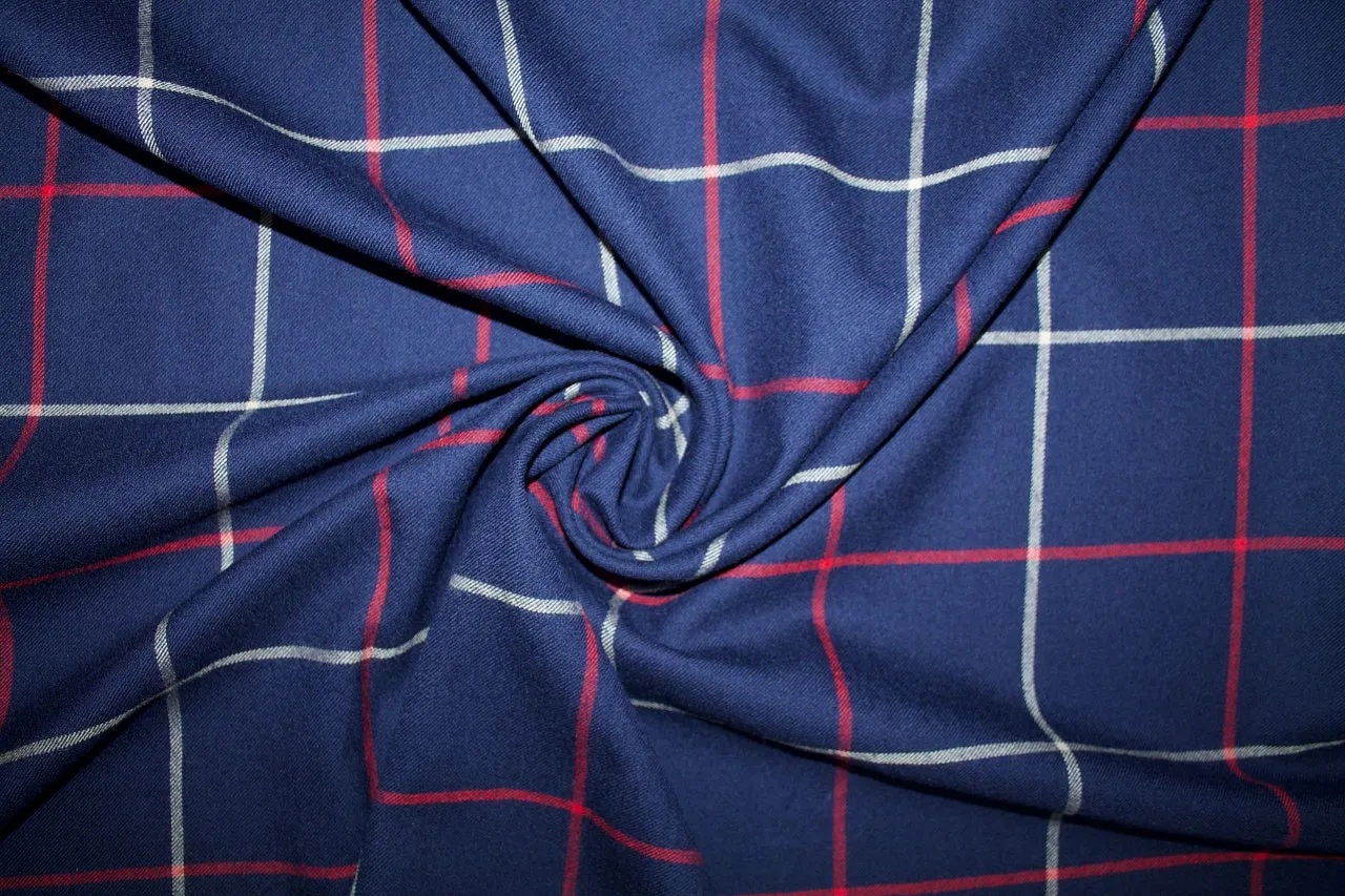 3/4  yard of Italian Windowpane Plaid Wool Flannel - Red/Beige on Navy