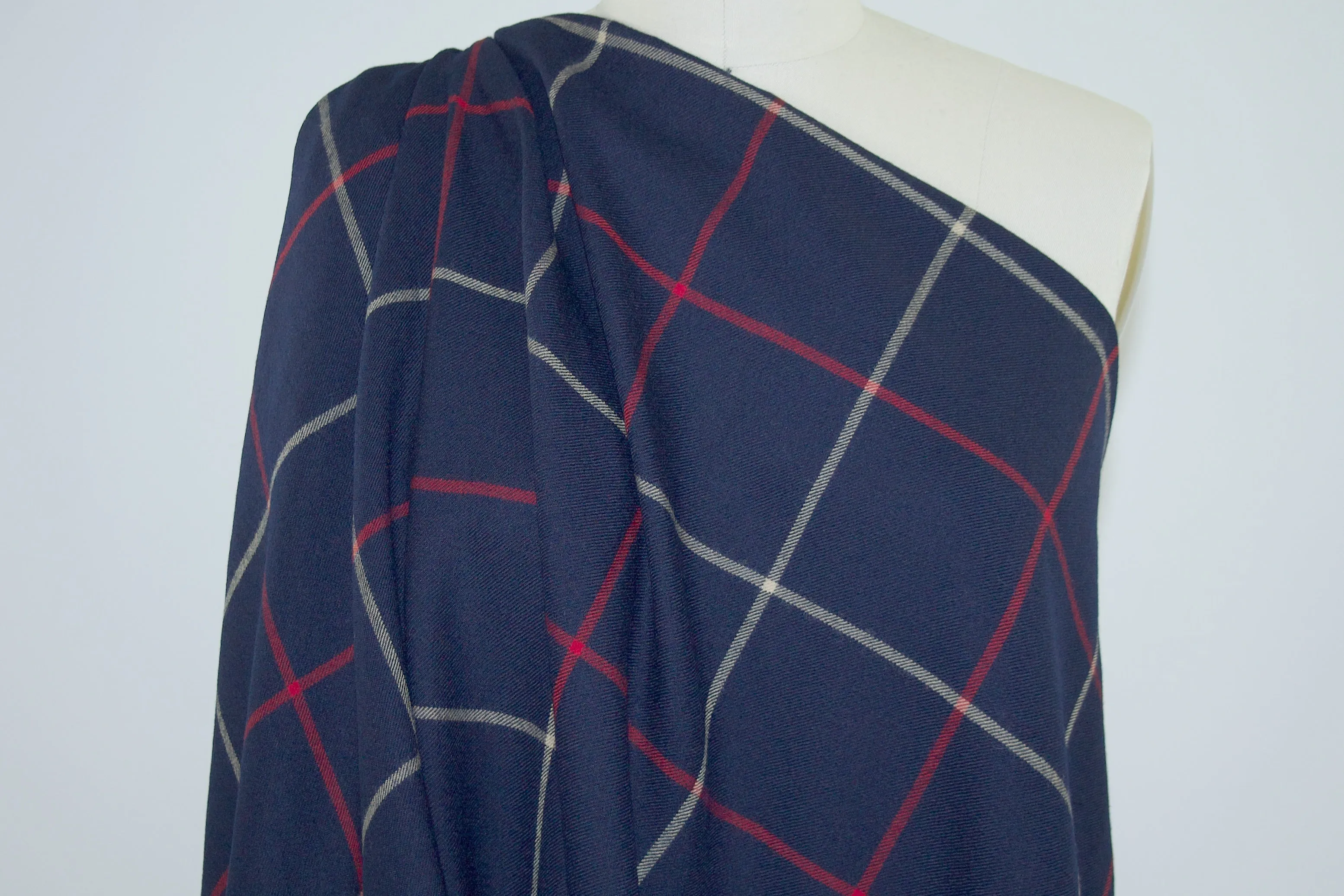 3/4  yard of Italian Windowpane Plaid Wool Flannel - Red/Beige on Navy