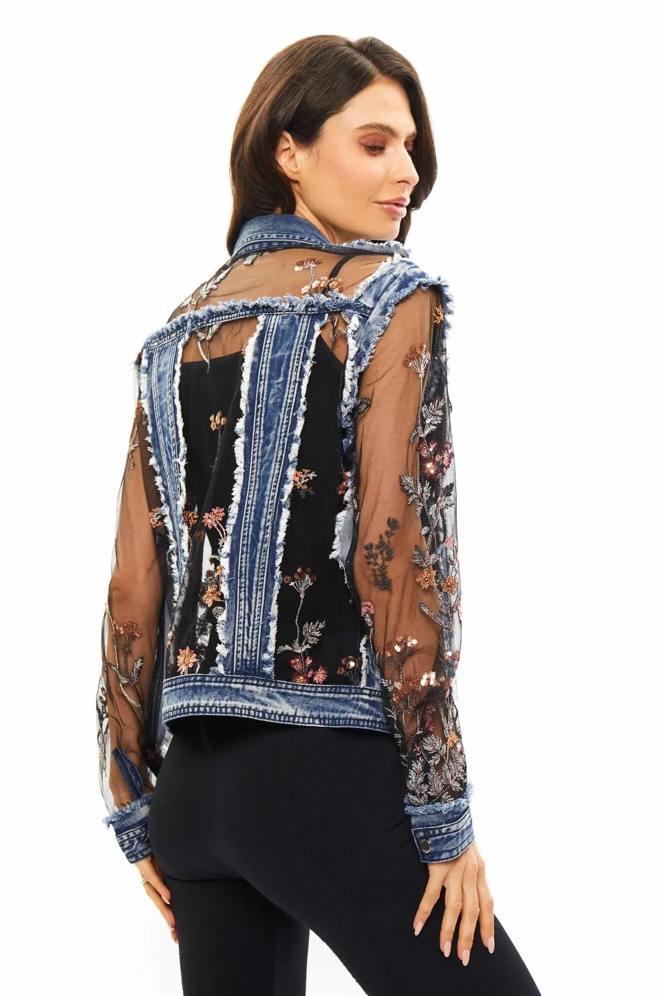 ADORE Long Sleeve Denim Jacket with Sheer Embroidery