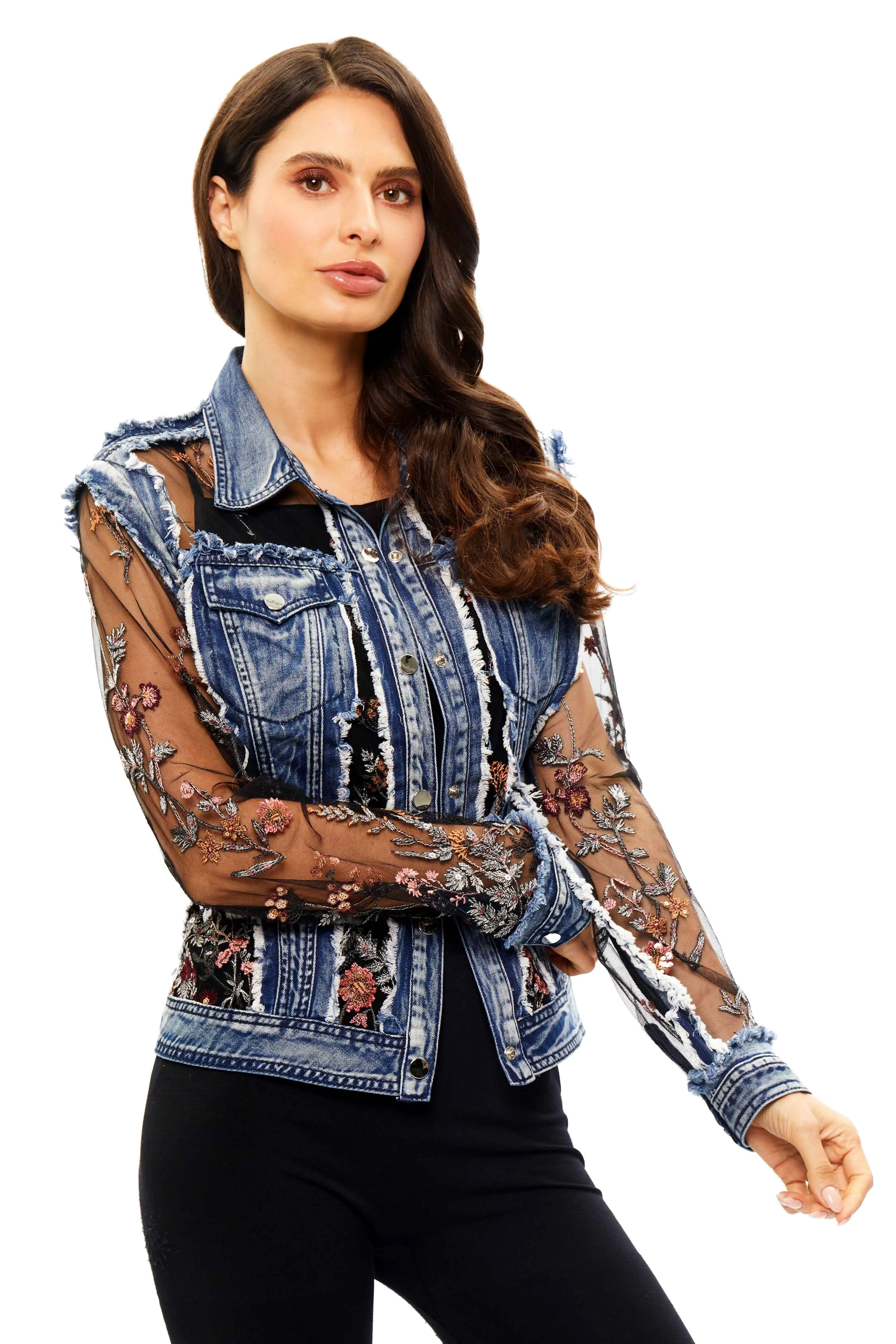 ADORE Long Sleeve Denim Jacket with Sheer Embroidery