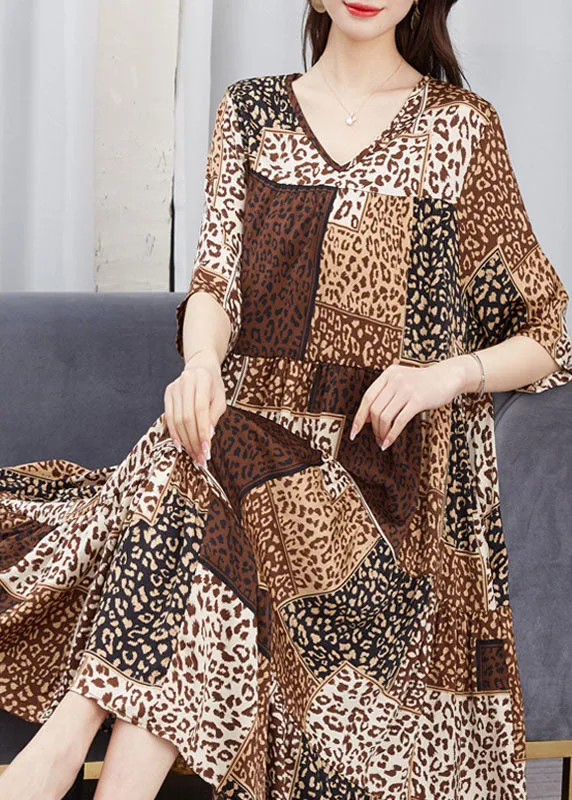 Beautiful Brown V Neck Print Patchwork Chiffon Dresses Summer LY6491