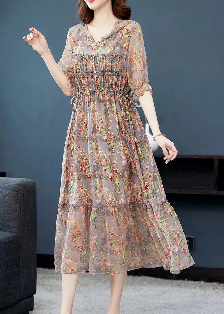 Beautiful Grey Ruffled Print Patchwork Silk Long Dresses Summer BB009