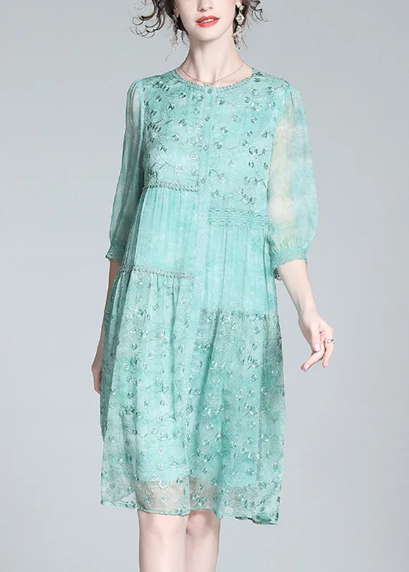 Beautiful Light Green O-Neck Embroideried Button Long Dresses Summer LT1035