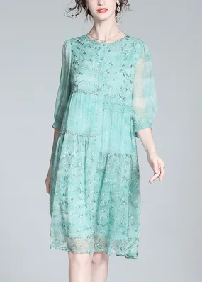 Beautiful Light Green O-Neck Embroideried Button Long Dresses Summer LT1035