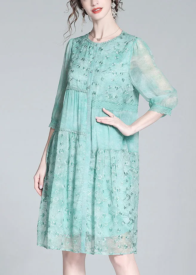 Beautiful Light Green O-Neck Embroideried Button Long Dresses Summer LT1035