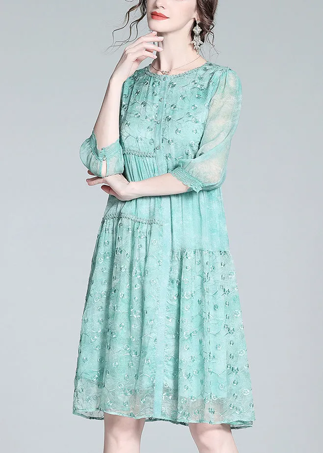 Beautiful Light Green O-Neck Embroideried Button Long Dresses Summer LT1035