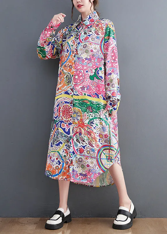 Beautiful Peter Pan Collar Print Button Maxi Shirts Dresses Spring LY4950