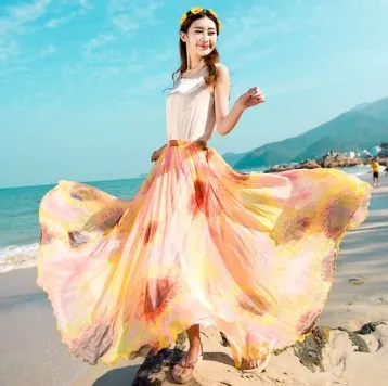 Big Hemline High Waist Floral Print Loose Long Chiffon Beach Skirt