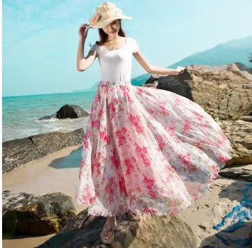 Big Hemline High Waist Floral Print Loose Long Chiffon Beach Skirt