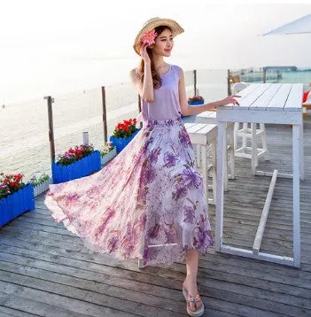 Big Hemline High Waist Floral Print Loose Long Chiffon Beach Skirt