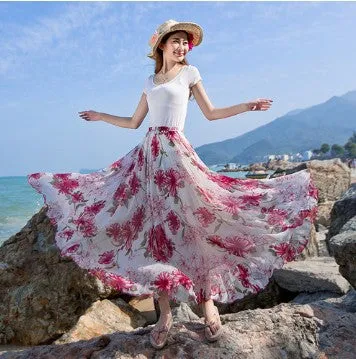 Big Hemline High Waist Floral Print Loose Long Chiffon Beach Skirt