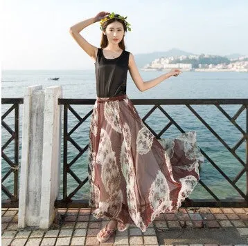 Big Hemline High Waist Floral Print Loose Long Chiffon Beach Skirt