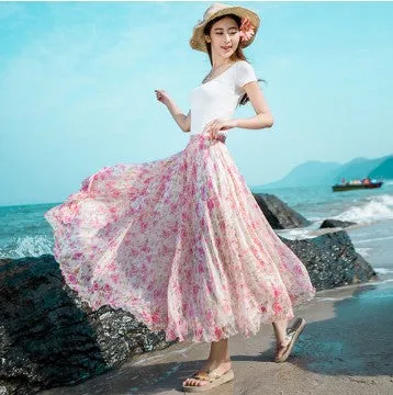 Big Hemline High Waist Floral Print Loose Long Chiffon Beach Skirt