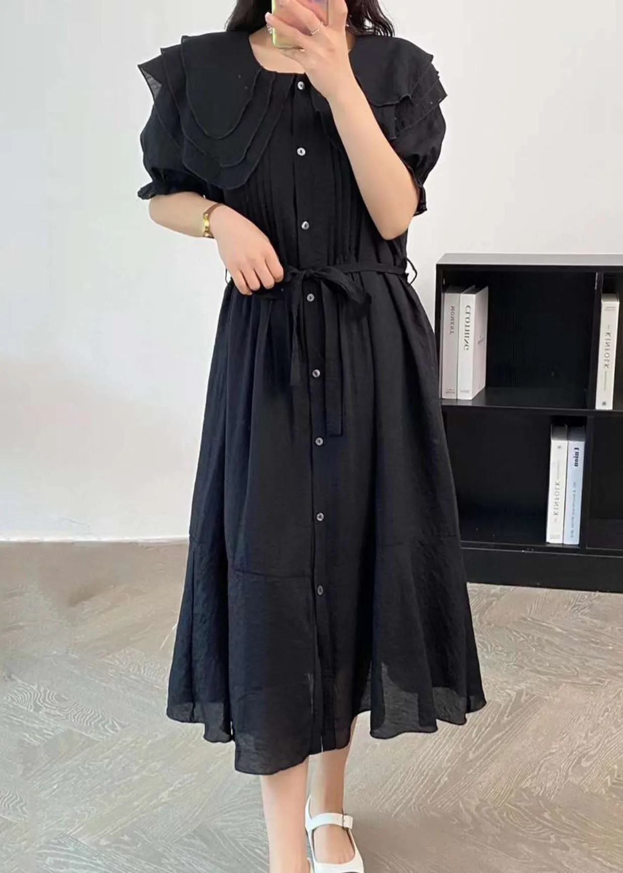 Black Cotton Dresses Peter Pan Collar Button Tie Waist Summer AP004