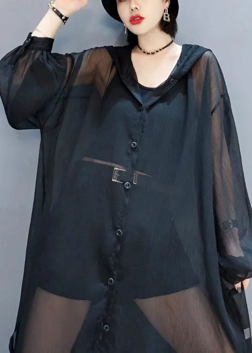 Black Loose Chiffon UPF 50  Cardigans Oversized Side Open Summer