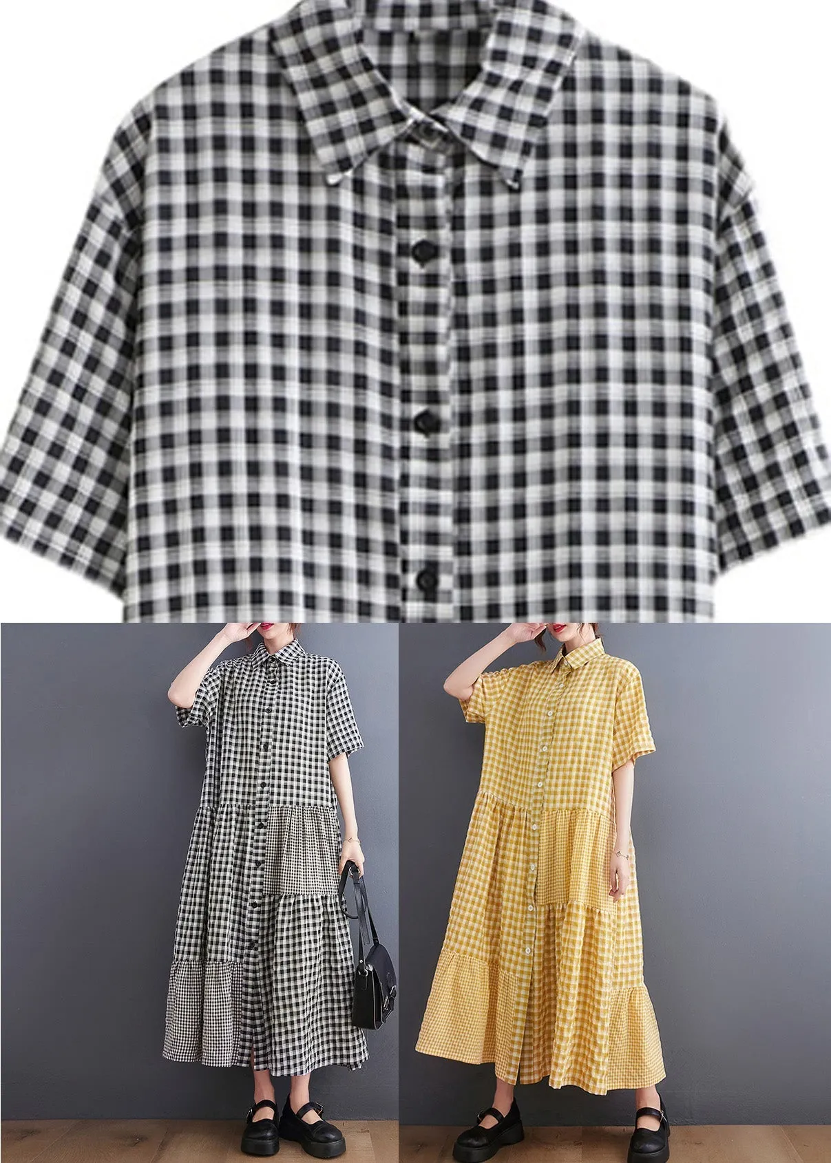 Black Patchwork Button Vacation Long Dresses Short Sleeve AC2065