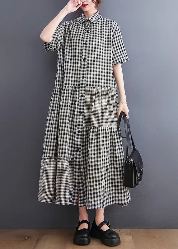 Black Patchwork Button Vacation Long Dresses Short Sleeve AC2065