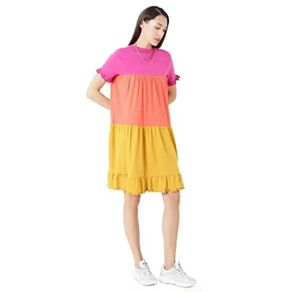 BLANCD Women's A-Line Trendy Tiered Colourblock Fit and Flare Casual Dress (Pink)