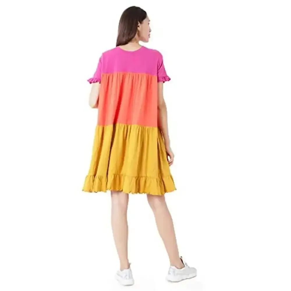 BLANCD Women's A-Line Trendy Tiered Colourblock Fit and Flare Casual Dress (Pink)