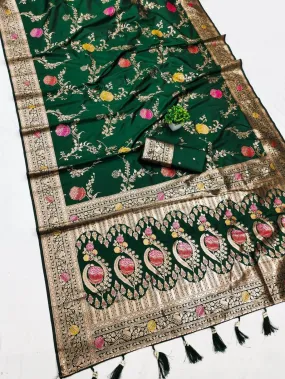 Blooming Dark Green Soft Banarasi Silk Saree With Preferable Blouse Piece