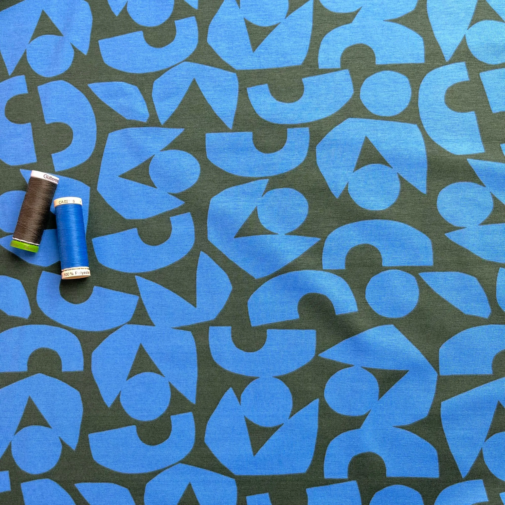 Blue Shapes on Khaki Combed Cotton Jersey Fabric