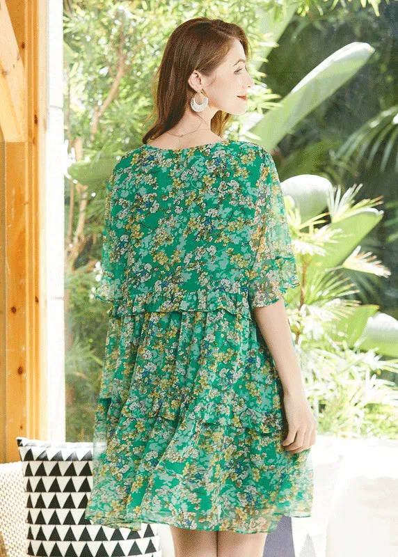 Bohemian Green O-Neck Ruffles Print Chiffon Holiday Dresses Flare Sleeve LY0340