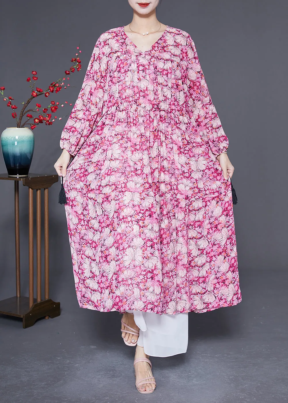 Bohemian Pink Oversized Print Drawstring Silk Vacation Dresses Spring LY2885