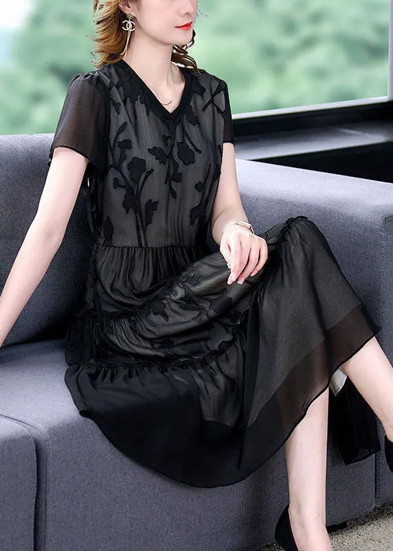 Boho Black Embroideried Patchwork Ruffled Chiffon Maxi Dresses Summer TH1005