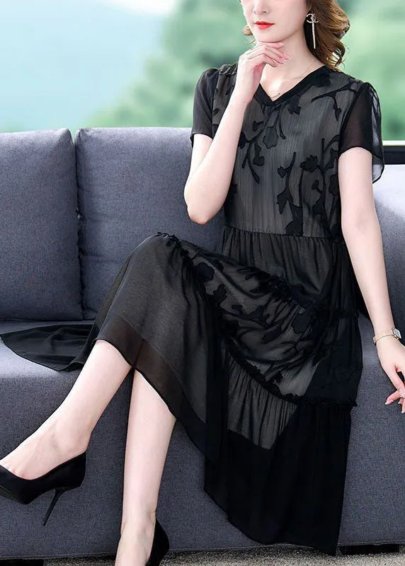 Boho Black Embroideried Patchwork Ruffled Chiffon Maxi Dresses Summer TH1005