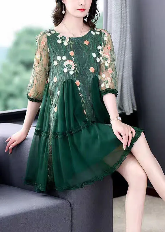 Boutique Green Embroideried Patchwork Tulle Mid Dresses Summer LY5984