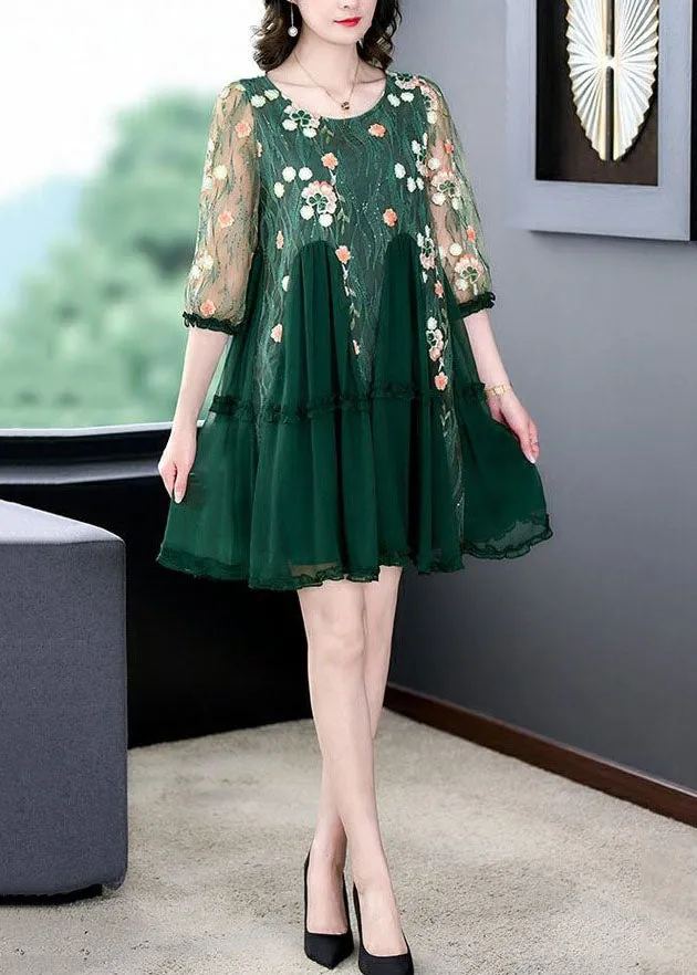 Boutique Green Embroideried Patchwork Tulle Mid Dresses Summer LY5984