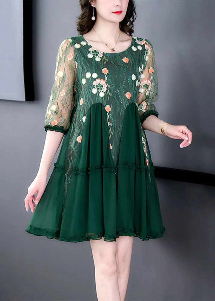 Boutique Green Embroideried Patchwork Tulle Mid Dresses Summer LY5984