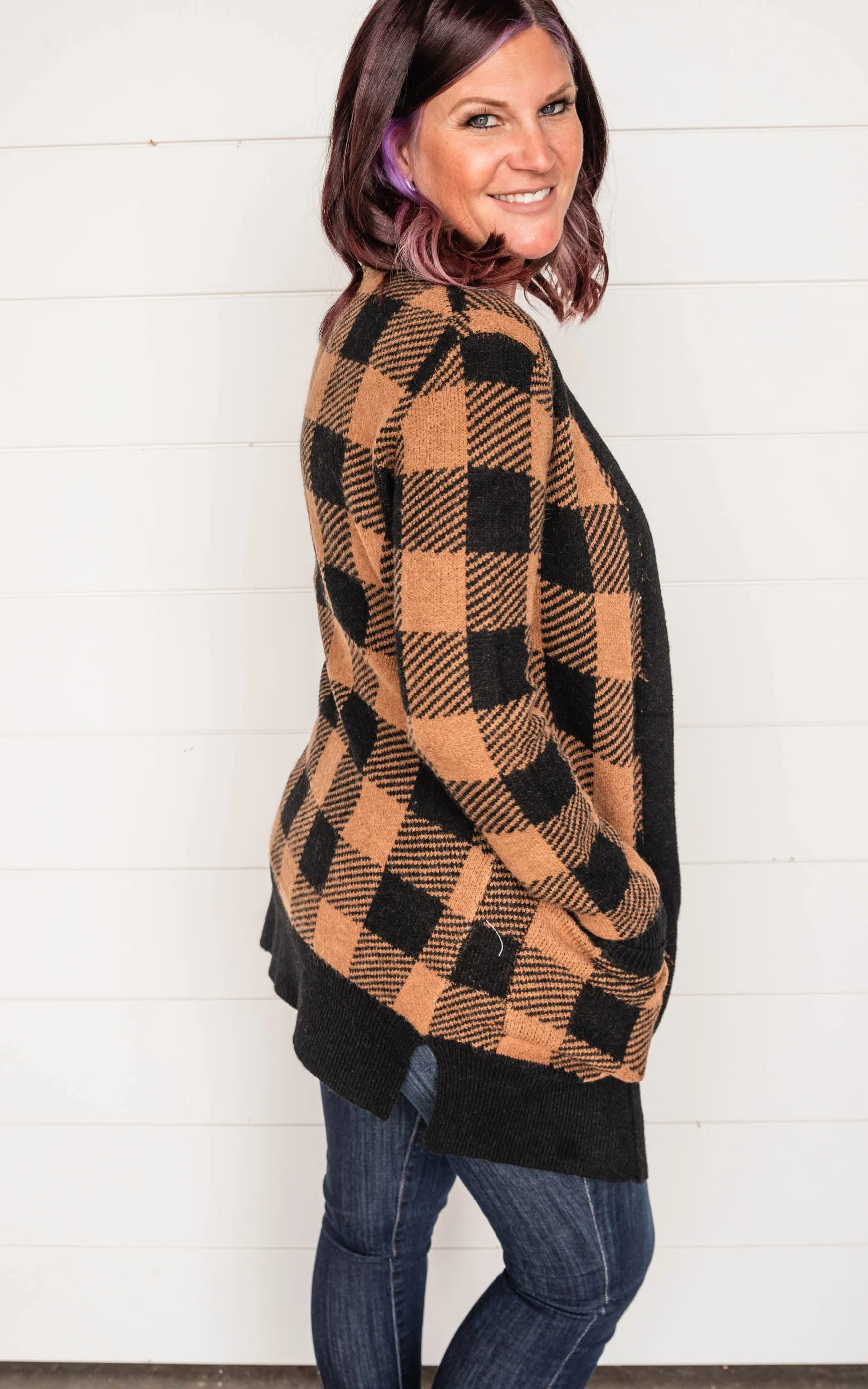 Buffalo Plaid Cardigan w/ Open Front