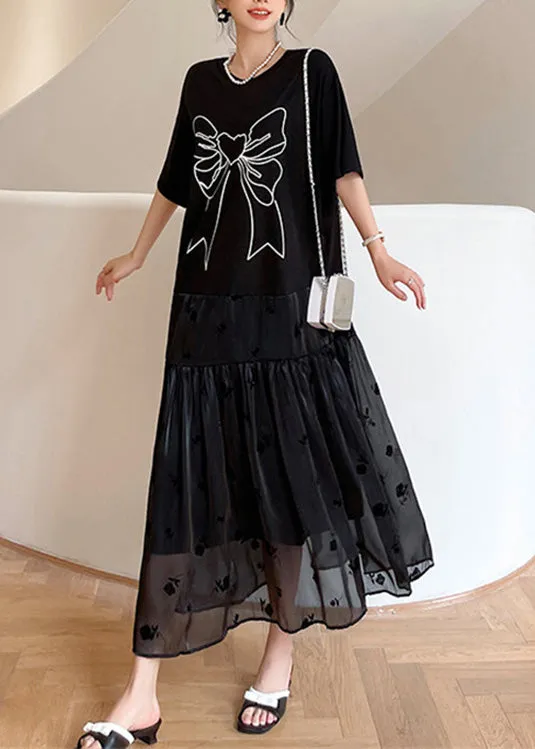 Casual Black O-Neck Bow Tulle Patchwork Cotton Maxi Dresses Summer LY1707