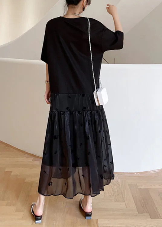 Casual Black O-Neck Bow Tulle Patchwork Cotton Maxi Dresses Summer LY1707