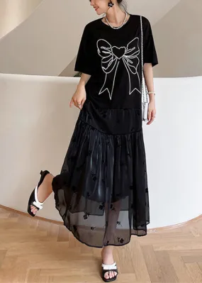 Casual Black O-Neck Bow Tulle Patchwork Cotton Maxi Dresses Summer LY1707