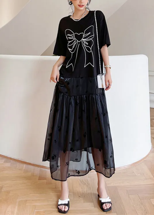 Casual Black O-Neck Bow Tulle Patchwork Cotton Maxi Dresses Summer LY1707