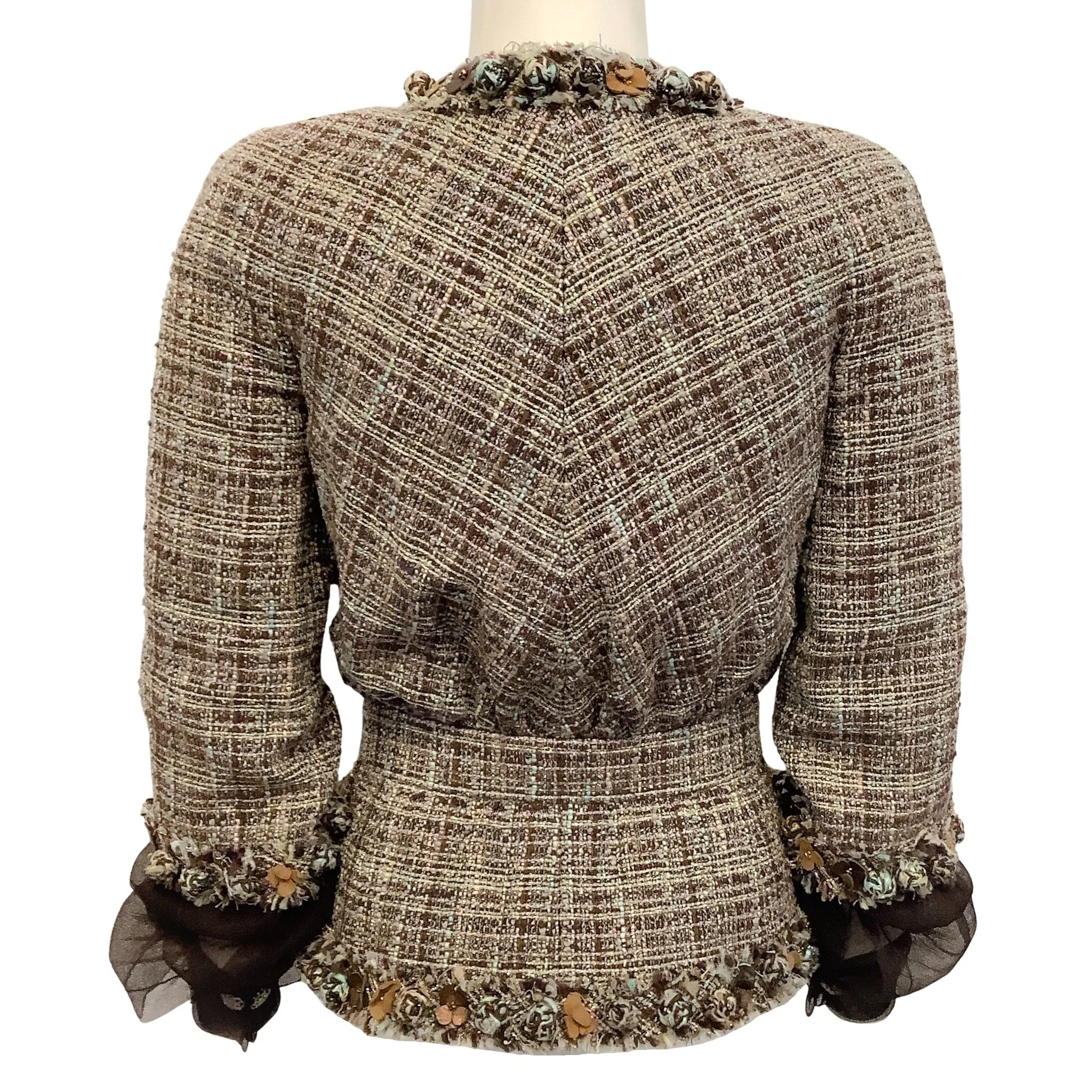 Chanel Brown / Green Tweed Jacket with Sheer Sleeves