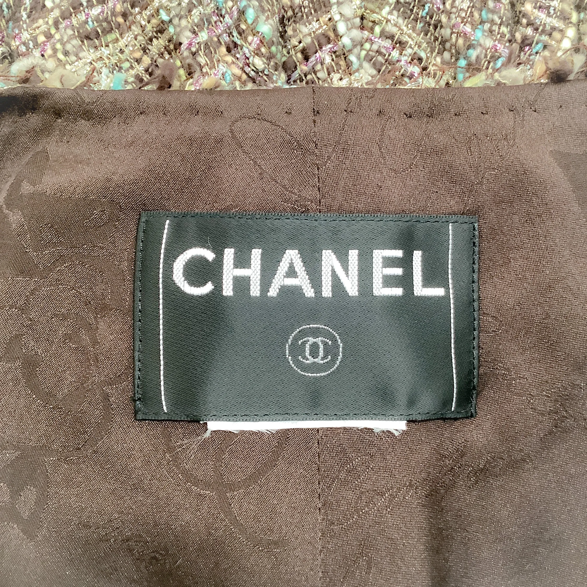 Chanel Brown / Green Tweed Jacket with Sheer Sleeves