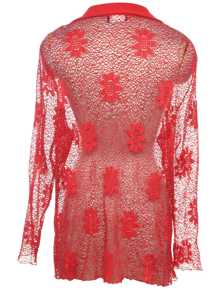 Classic Red Sheer Floral Blouse - L