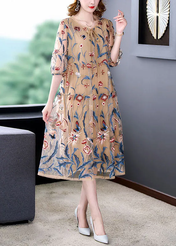 Classy Khaki Embroideried Wrinkled Lace Up Patchwork Silk Dresses Summer LY5899