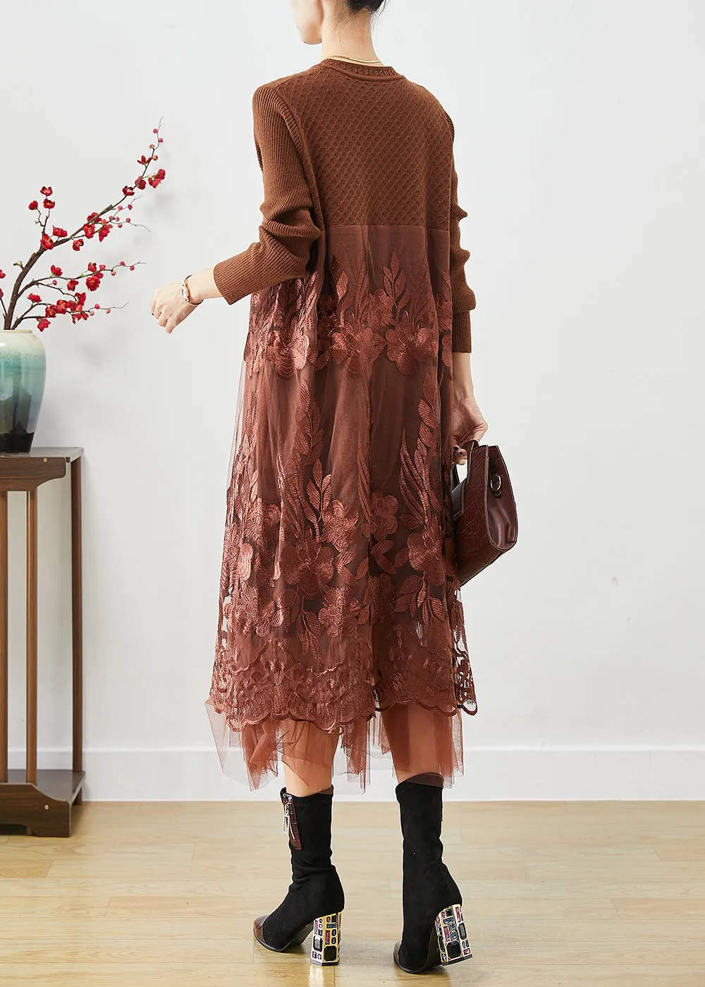 Coffee Patchwork Knit Holiday Dresses Embroideried Fall LY9821