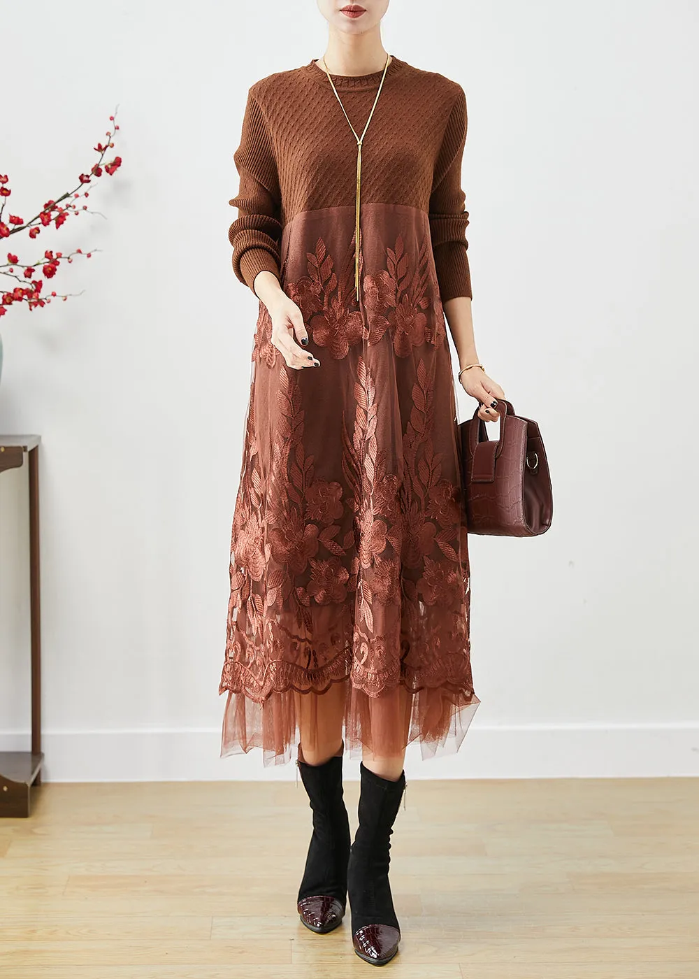 Coffee Patchwork Knit Holiday Dresses Embroideried Fall LY9821