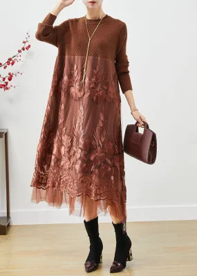 Coffee Patchwork Knit Holiday Dresses Embroideried Fall LY9821