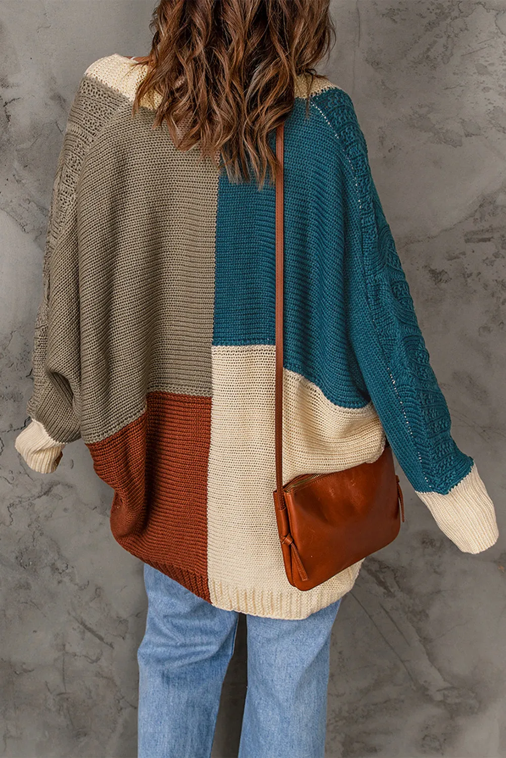 Color Block Loose Open Front Knitted Cardigan