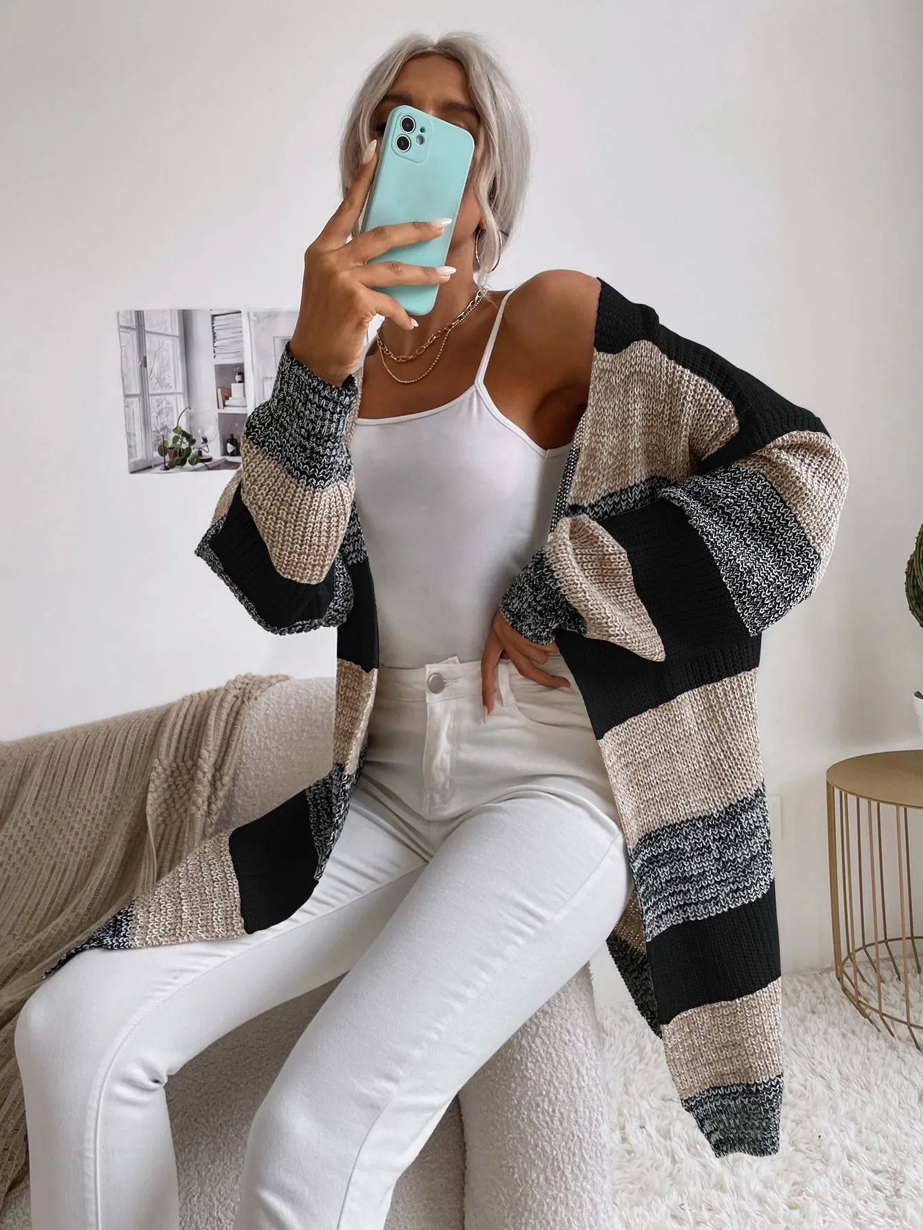 Color Block Open Front Batwing Sleeve Longline Cardigan