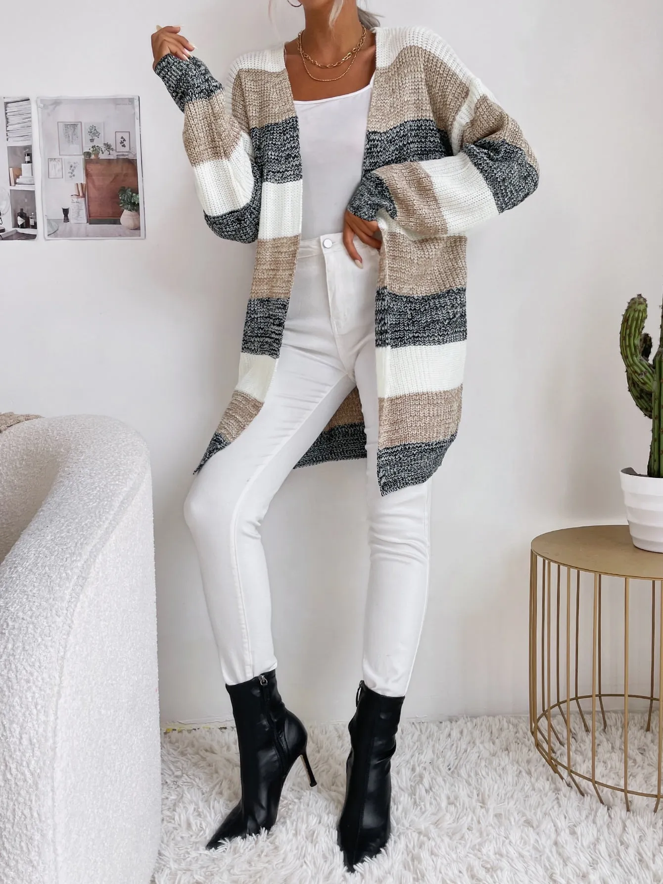 Color Block Open Front Batwing Sleeve Longline Cardigan