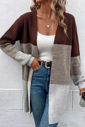 Color Contrast Long Open Front Cardigan