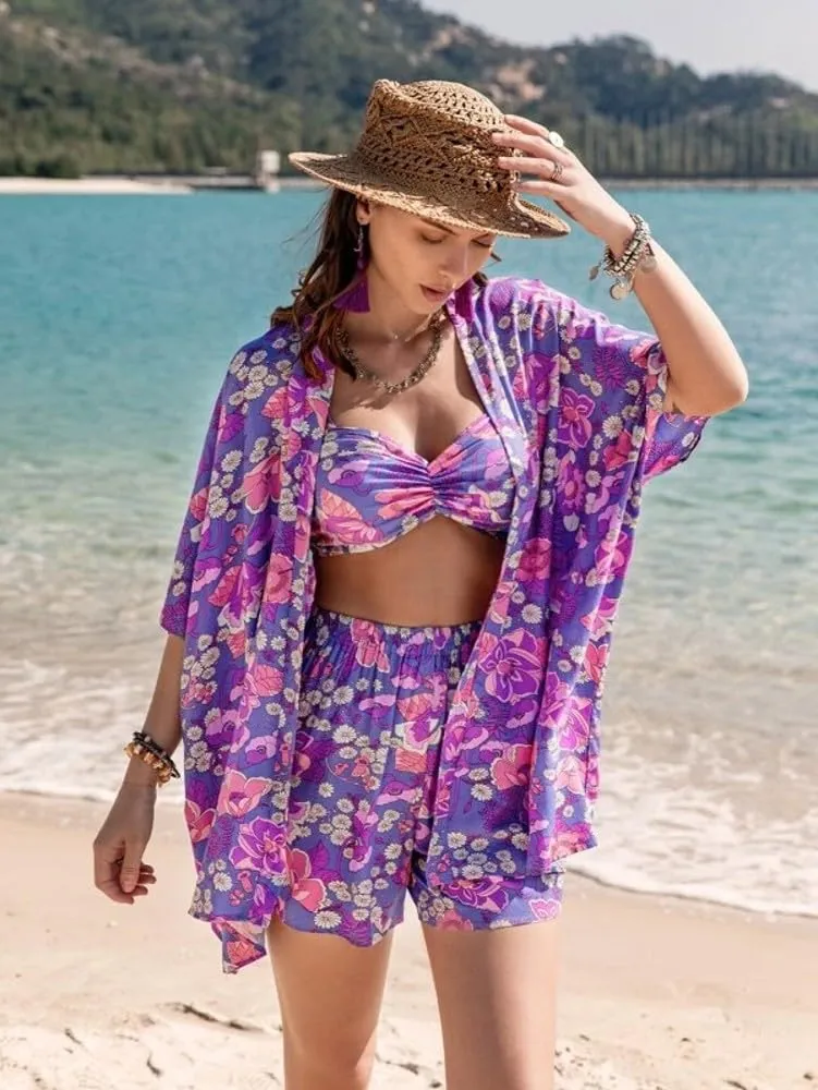 COOL AND CASUAL Beach Dresses For Women Co Ord Set Three Piece Dress Beach Wear For Women Goa Knee Length Dresses (Large, Purple)